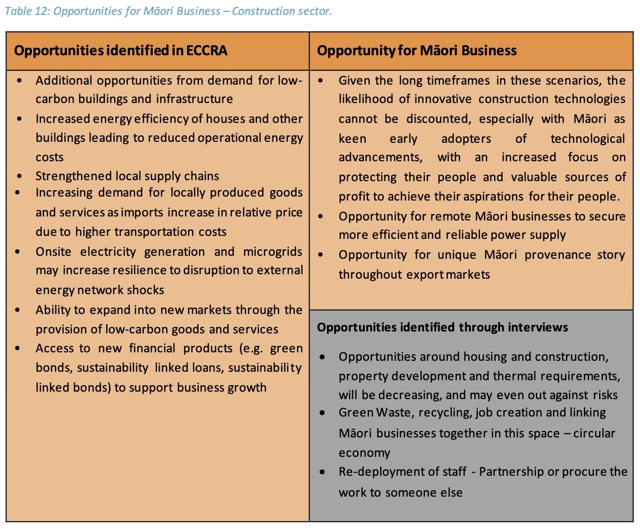table 12: Māori business opportunities for the construction sector