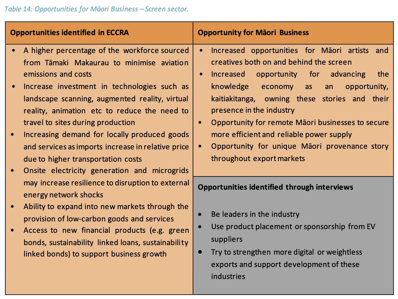 table 14: Māori business opportunities for the screen sector